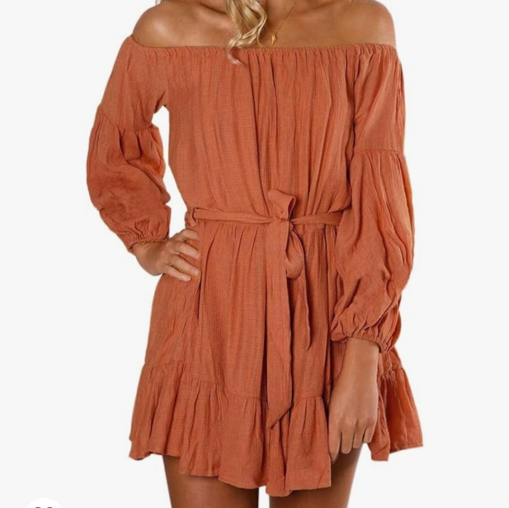Off-Shoulder Rust Orange Tiered Mini Dress with Tie Waist
